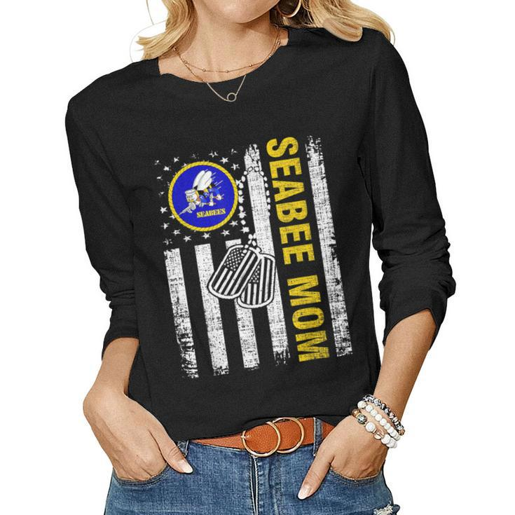 Vintage Seabee Mom American Flag Cool Veteran Day Women Long Sleeve T-shirt