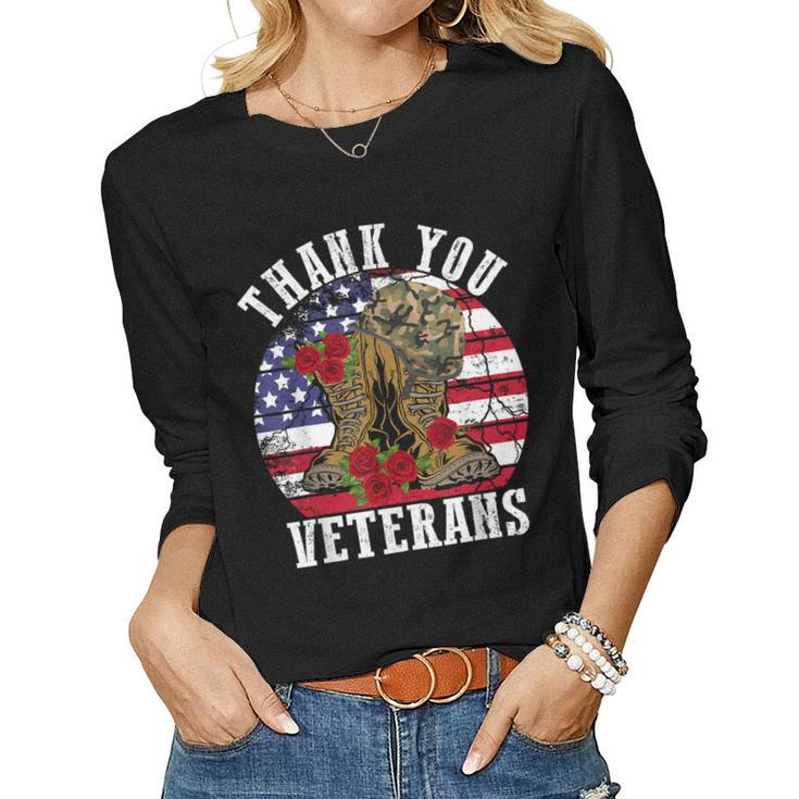 Vintage Thank You Veterans Combat Boots Flower Veterans Day  Women Graphic Long Sleeve T-shirt