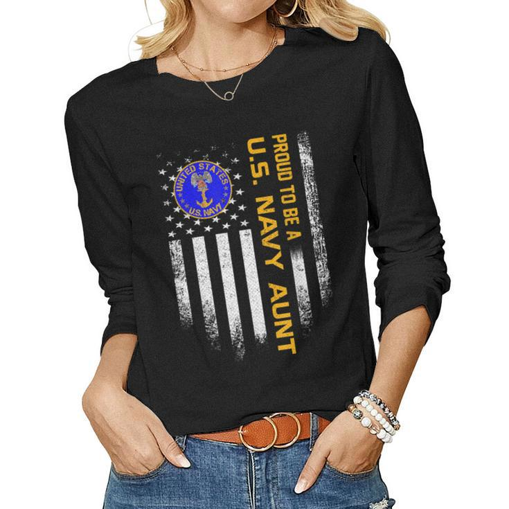 Vintage Usa American Flag Proud To Be Us Navy Aunt Military Women Long Sleeve T-shirt