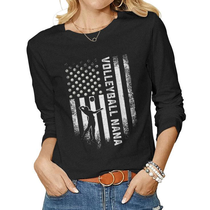 Vintage Usa American Flag Proud Volleyball Nana Silhouette  Women Graphic Long Sleeve T-shirt