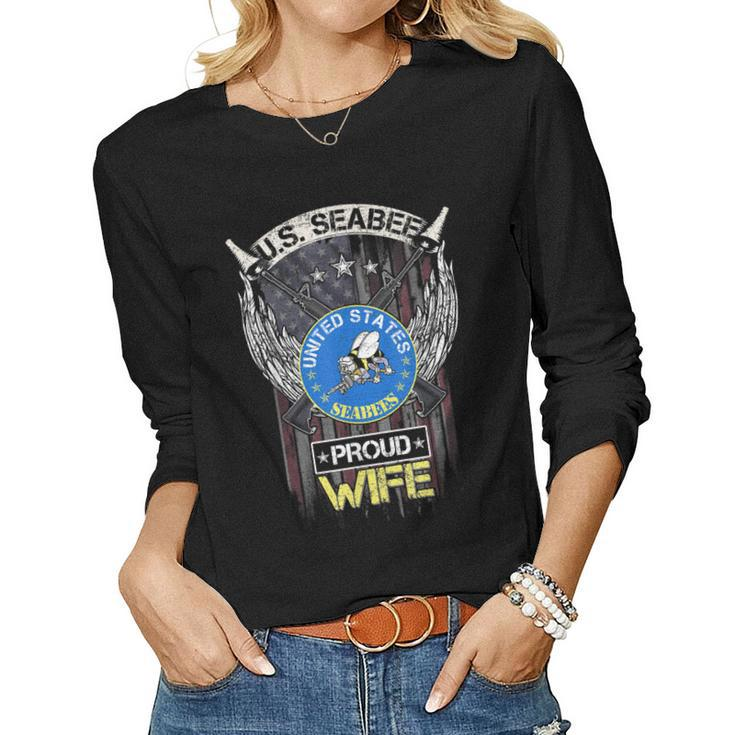 Vintage Usa American Flag Us Seabee Proud Veteran Wife Funny  Women Graphic Long Sleeve T-shirt