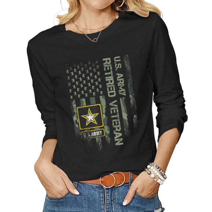 Vintage Usa Camouflage Army Proud Retired Military Veteran Women Long Sleeve T-shirt
