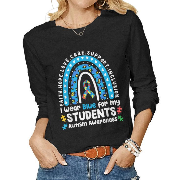 I Wear Blue For My Students Leopard Rainbow Autism Awareness Women Long Sleeve T-shirt