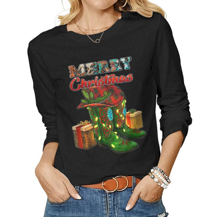Western Texas Cow Print Cowboy Boots Hat Merry Christmas Women Long Sleeve T-shirt