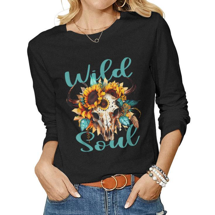 Wild Soul Women Vintage Western Sunflower Boho Cow Skull Women Long Sleeve T-shirt