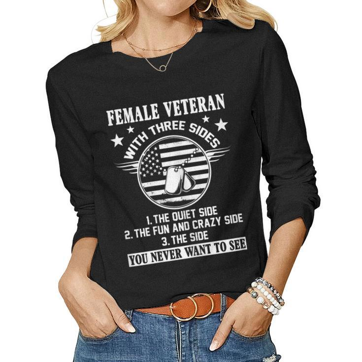 Womens 3 Sides Female Veteran Funny Us Veteran Gifts Mothers Day  Women Graphic Long Sleeve T-shirt