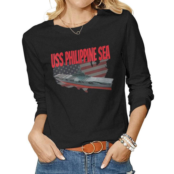 Womens Aircraft Carrier Uss Philippine Sea Cv-47 Grandpa Dad Son  Women Graphic Long Sleeve T-shirt