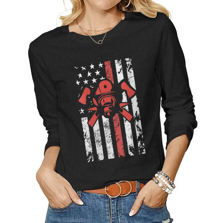 Womens American Flag Fire Fighter  Women Graphic Long Sleeve T-shirt