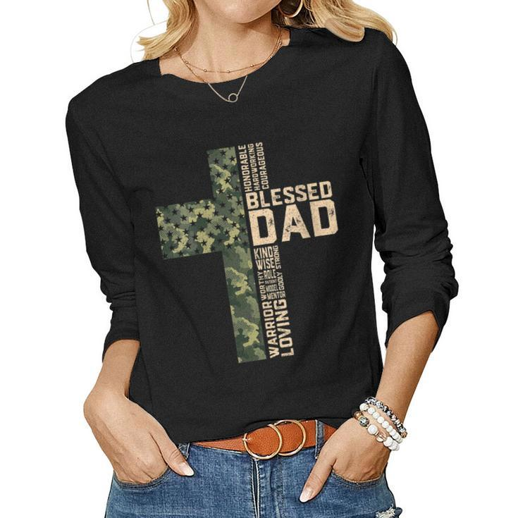 Womens Christian Blessed Dad Camo Flag Cross Religious Fathers Day  Women Graphic Long Sleeve T-shirt