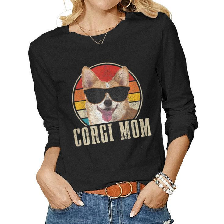 Womens Corgis Mom Vintage Sunglasses Funny Corgis Dog Owner  Women Graphic Long Sleeve T-shirt