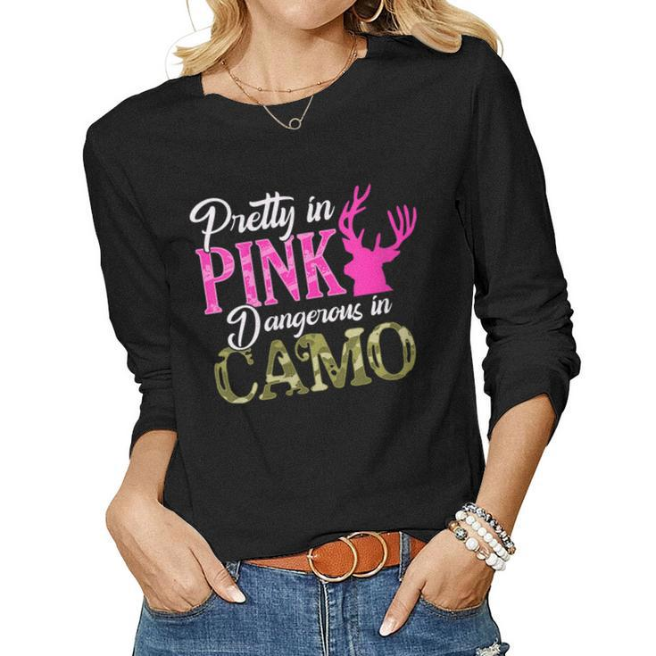 Womens Cute Camoflauge Pretty In Pink Dangerous In Camo Hunter Girl  Women Graphic Long Sleeve T-shirt