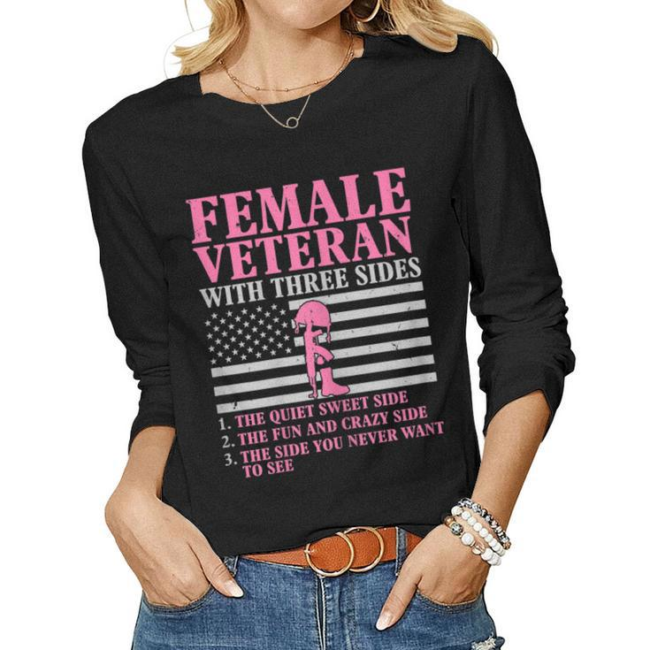 Womens Female Veteran With Three Sides Women Veteran Mother Grandma  Women Graphic Long Sleeve T-shirt