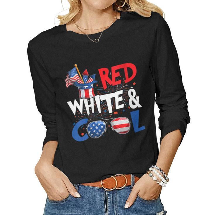 Womens Funny 4Th Of July Red White And Cool Sunglasses Usa Flag  Women Graphic Long Sleeve T-shirt