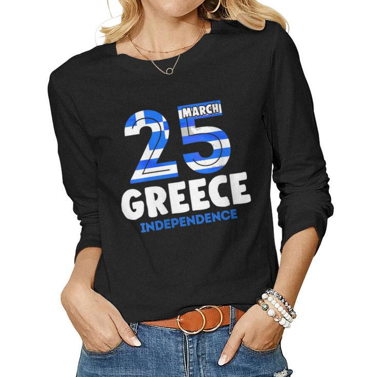 Womens Greek Independence Day 25 March Greece Flag  Women Graphic Long Sleeve T-shirt