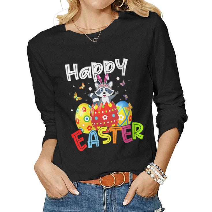 Womens Happy Easter Cute Bunny Rabiit Raccoon Funny Eggs Hunt Kids  Women Graphic Long Sleeve T-shirt