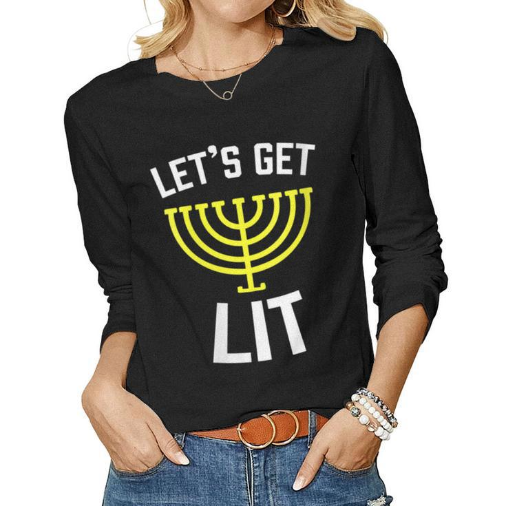 Womens Lets Get Lit Jewish  - Humor Funny Gift Hanukkah   Women Graphic Long Sleeve T-shirt