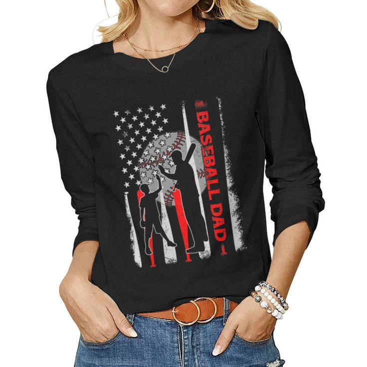 Womens Proud Baseball Dad American Flag Fathers Day  Women Graphic Long Sleeve T-shirt