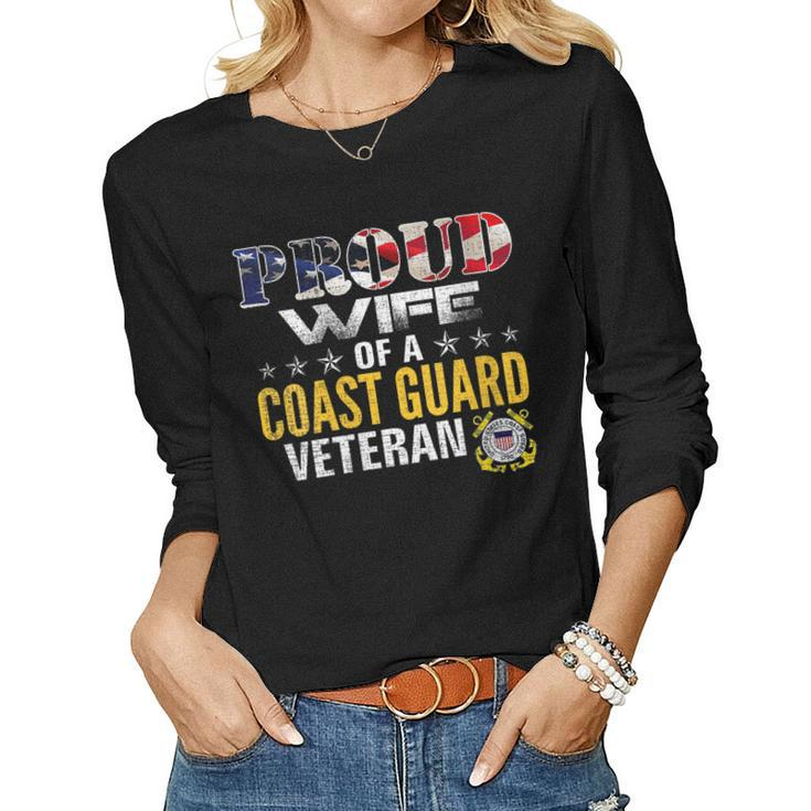 Womens Proud Wife Of A Coast Guard Veteran American Flag Military  Women Graphic Long Sleeve T-shirt