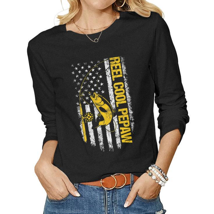 Womens Reel Cool Pepaw Fishing Dad Joke Usa Flag Fathers Day  Women Graphic Long Sleeve T-shirt - Thegiftio