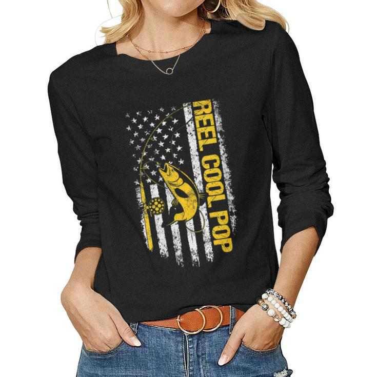 Womens Reel Cool Pop Fishing Dad Joke Usa Flag Fathers Day  Women Graphic Long Sleeve T-shirt - Thegiftio