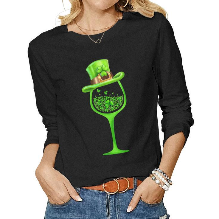 Womens Three Wine Glasses Clover Irish Shamrock St Patrick Day  Women Graphic Long Sleeve T-shirt