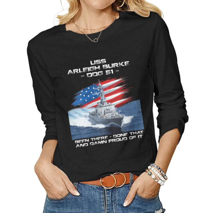 Womens Uss Arleigh Burke Ddg-51 Destroyer Ship Usa Flag Veteran Day  Women Graphic Long Sleeve T-shirt