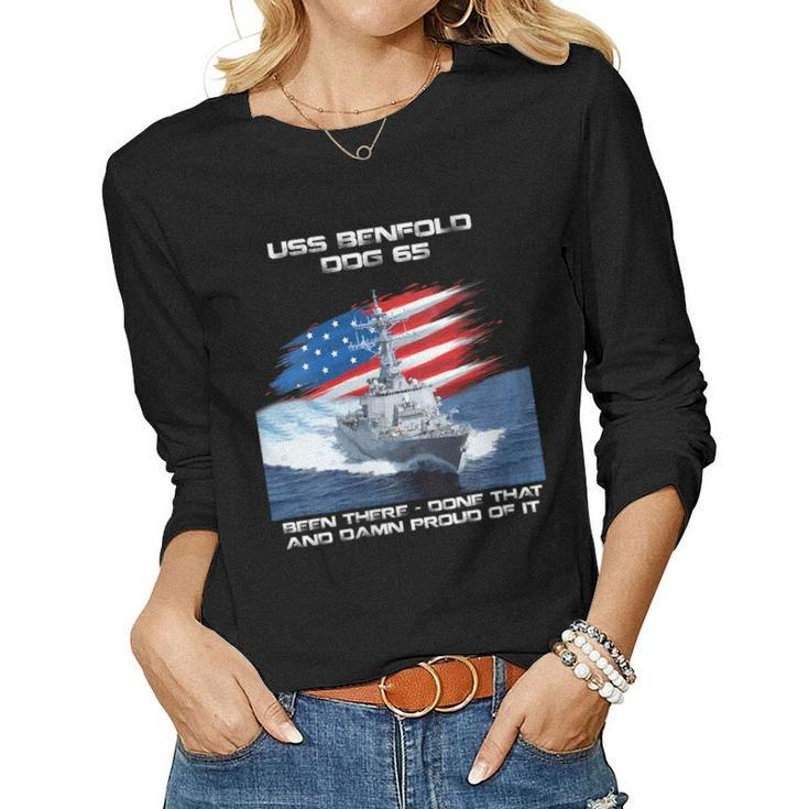 Womens Uss Benfold Ddg-65 Destroyer Ship Usa Flag Veteran Day Xmas  Women Graphic Long Sleeve T-shirt