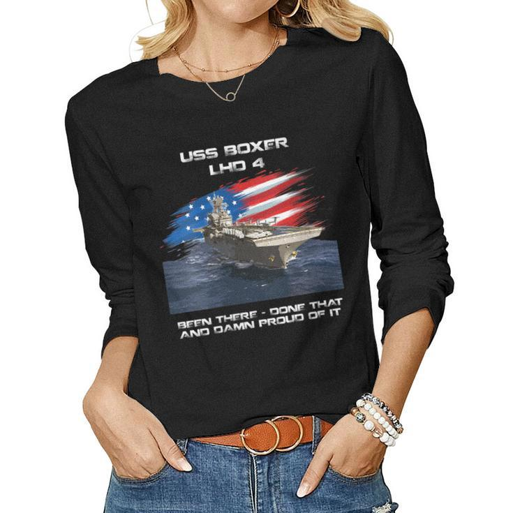 Womens Uss Boxer Lhd-4 Amphibious Assault Ship Veteran Usa Flag  Women Graphic Long Sleeve T-shirt