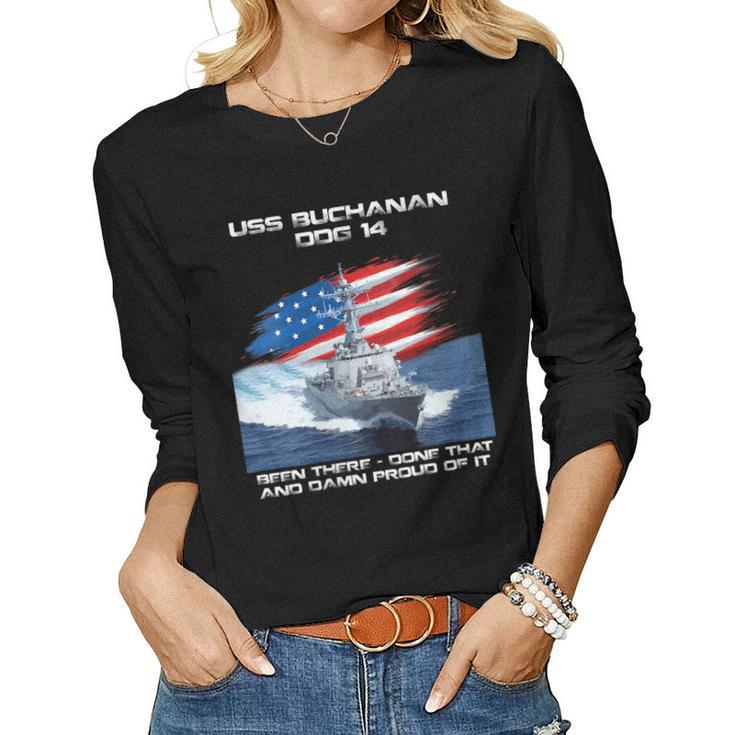 Womens Uss Buchanan Ddg-14 Destroyer Ship Usa Flag Veteran Day Xmas  Women Graphic Long Sleeve T-shirt