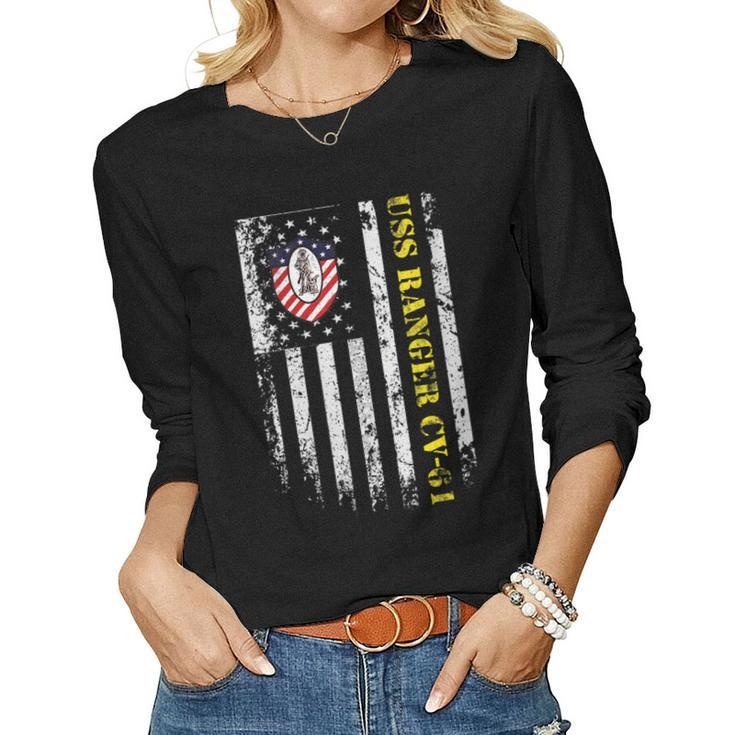 Womens Uss Ranger Cv-61 Flag Veteran  Patriotic Veterans Day  Women Graphic Long Sleeve T-shirt