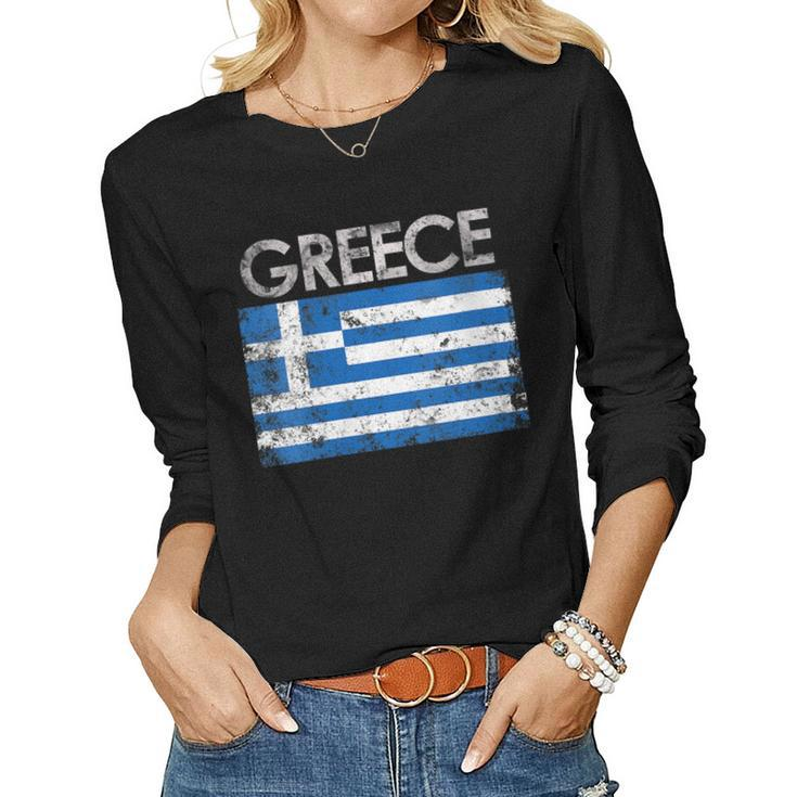 Womens Vintage Greece Greek Flag Pride Gift  Women Graphic Long Sleeve T-shirt