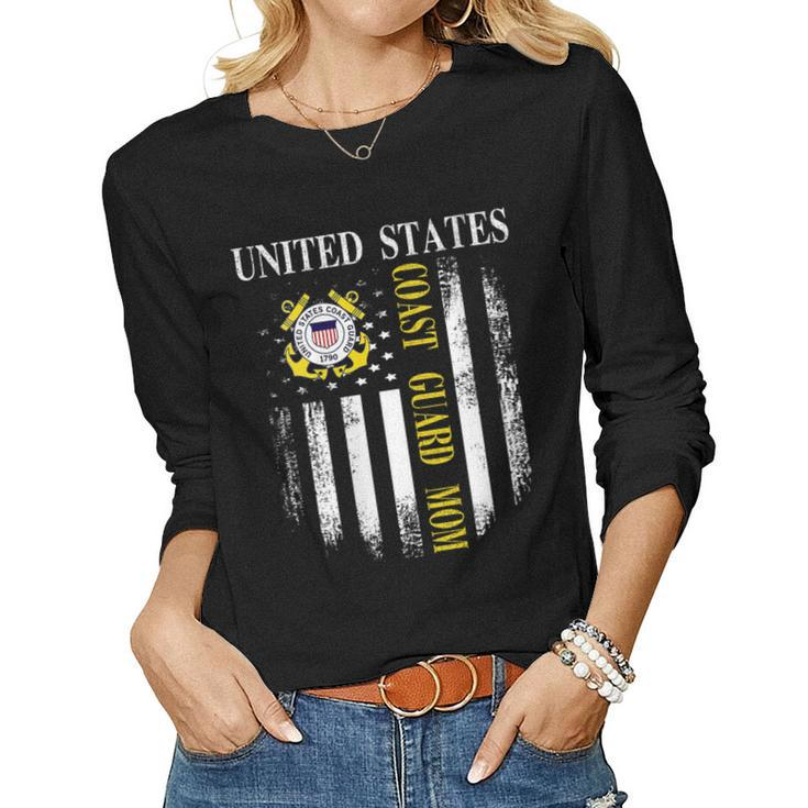 Womens Vintage United States Coast Guard Mom With American Flag  Women Graphic Long Sleeve T-shirt