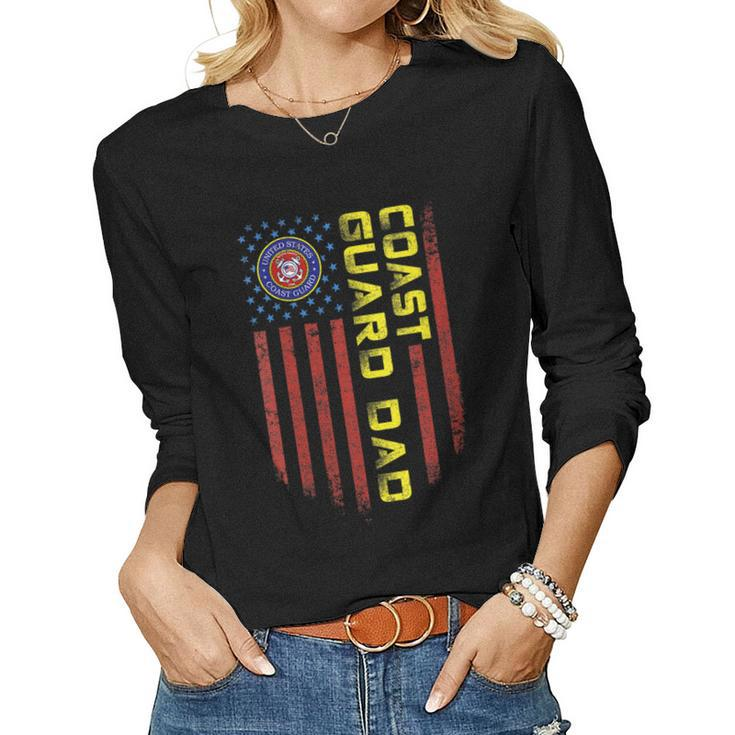 Womens Vintage Usa American Flag Proud Us Coast Guard Veteran Dad  Women Graphic Long Sleeve T-shirt