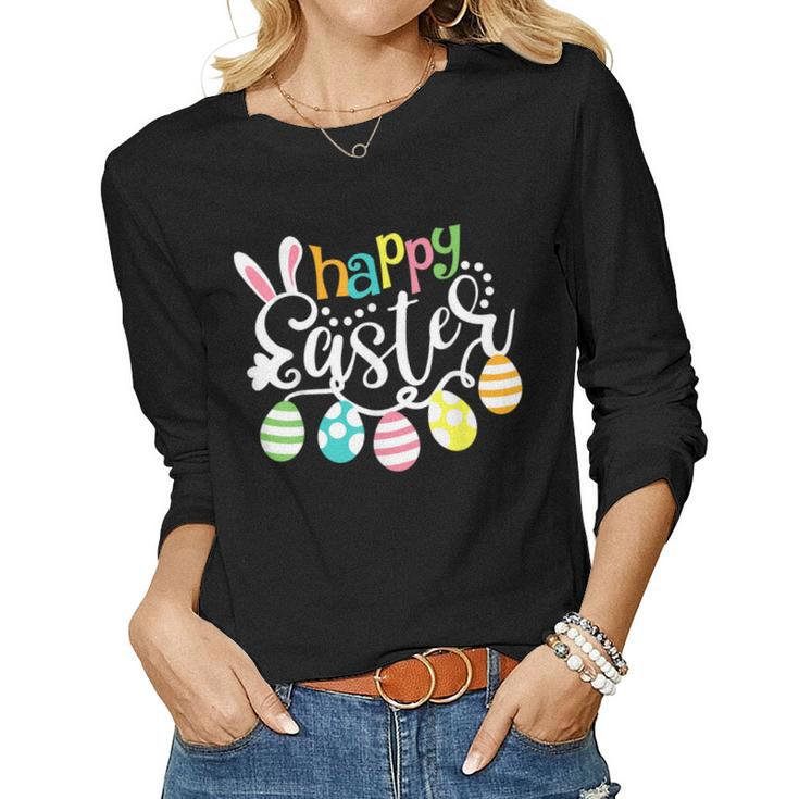 Womens Womens Happy Easter Day Egg Basket Rabbit Riding  Women Graphic Long Sleeve T-shirt