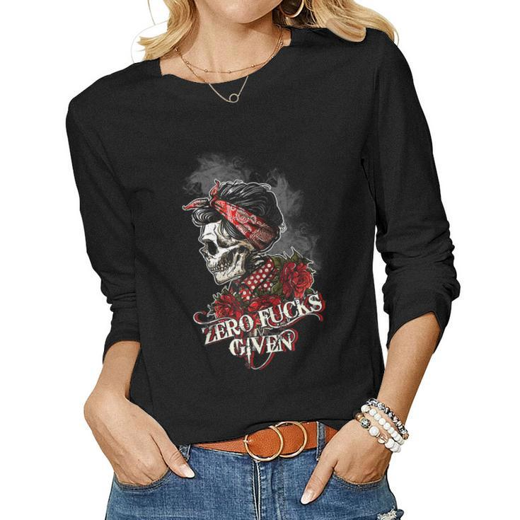 Zero Fucks Given Skull Mom Messy Bun Skull Sugar Bandana Women Long Sleeve T-shirt