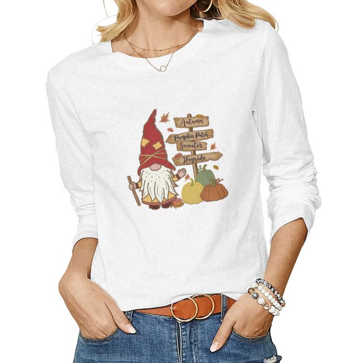 Funny Gnomes Family Pumpkin Patch Women Graphic Long Sleeve T-shirt