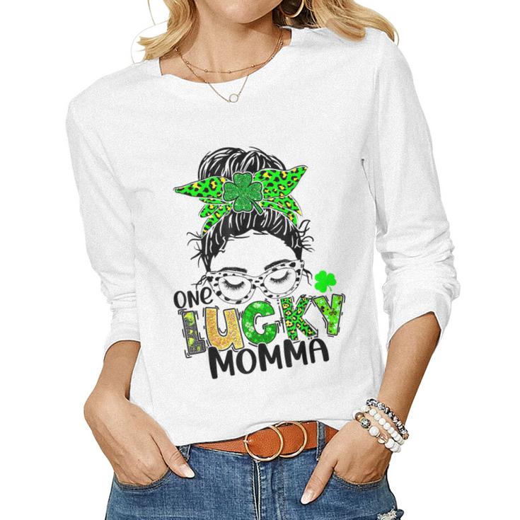 One Lucky Momma Messy Bun Mom Shamrock St Patricks Day  Women Graphic Long Sleeve T-shirt
