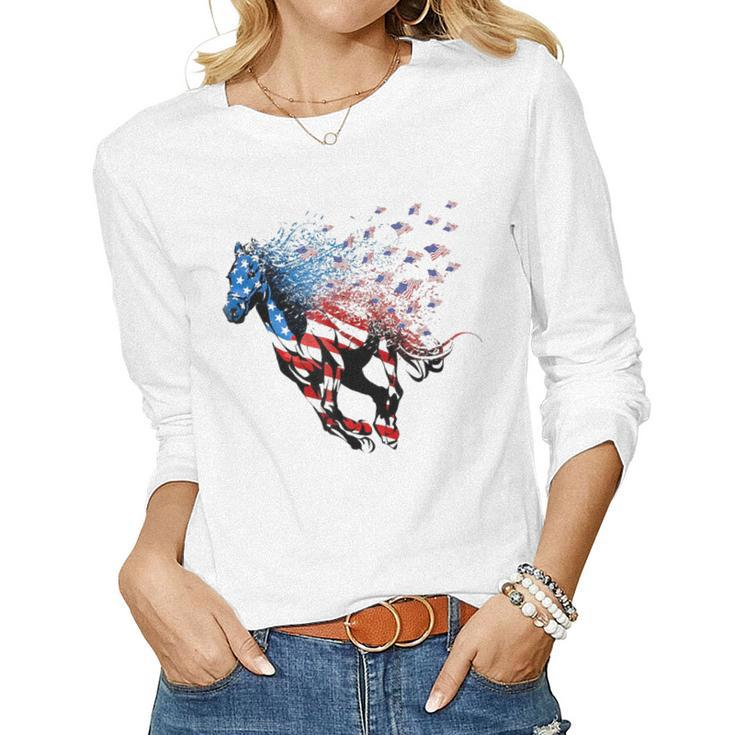 American Flag Horse 4Th Of July Patriotic Women Long Sleeve T-shirt