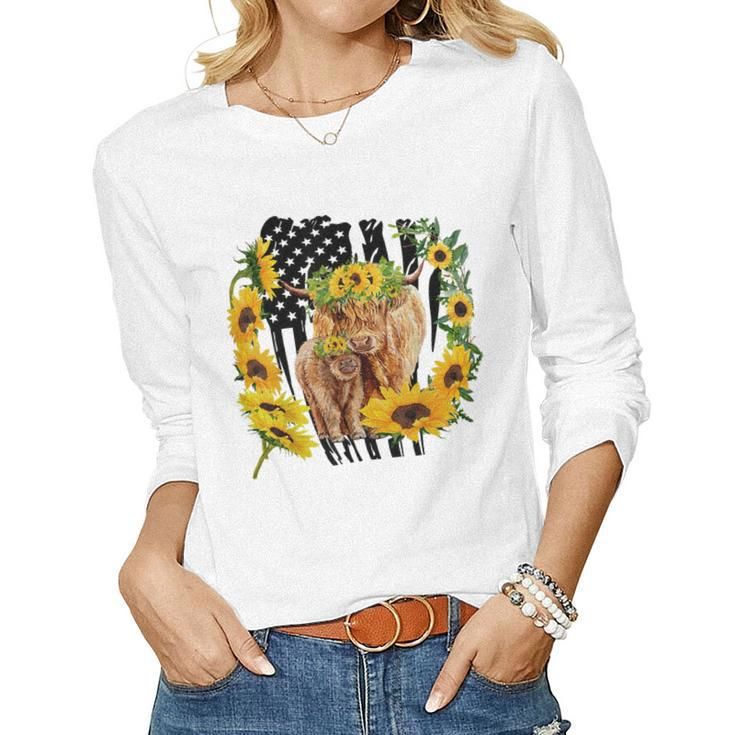 American Flag Sunflower Baby And Mother Highland Cow Women Long Sleeve T-shirt