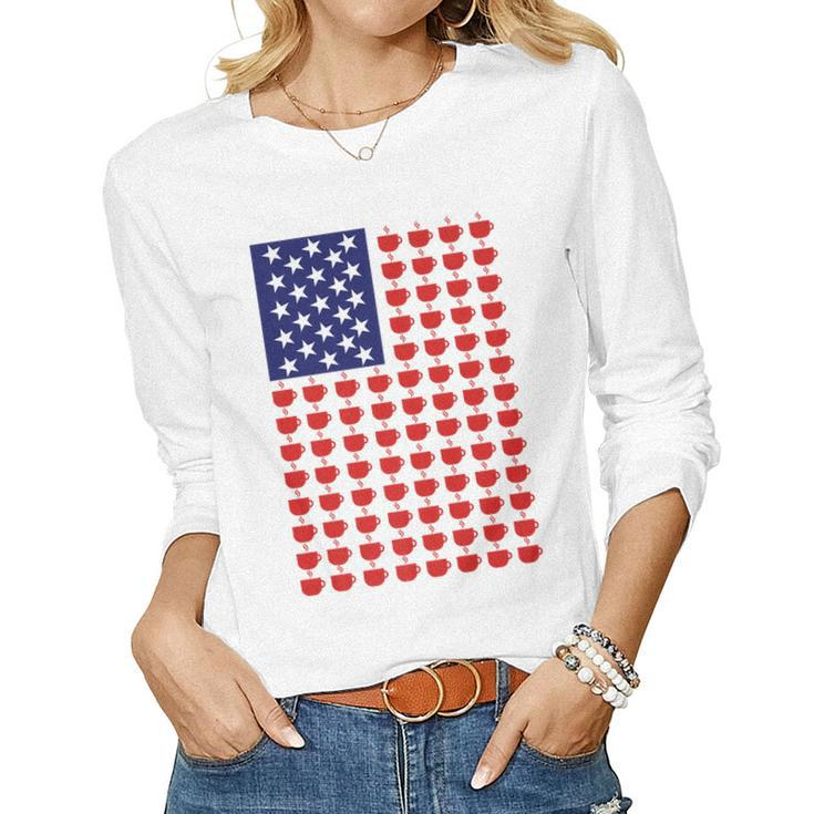 American Morning Patriotic American Flag Coffee Cup Pattern Women Long Sleeve T-shirt