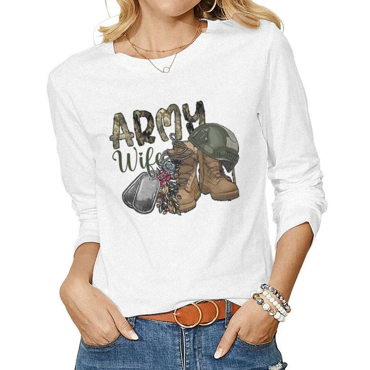 Army Wife Western Cowhide Army Boots Wife Gift Veterans Day   Women Graphic Long Sleeve T-shirt