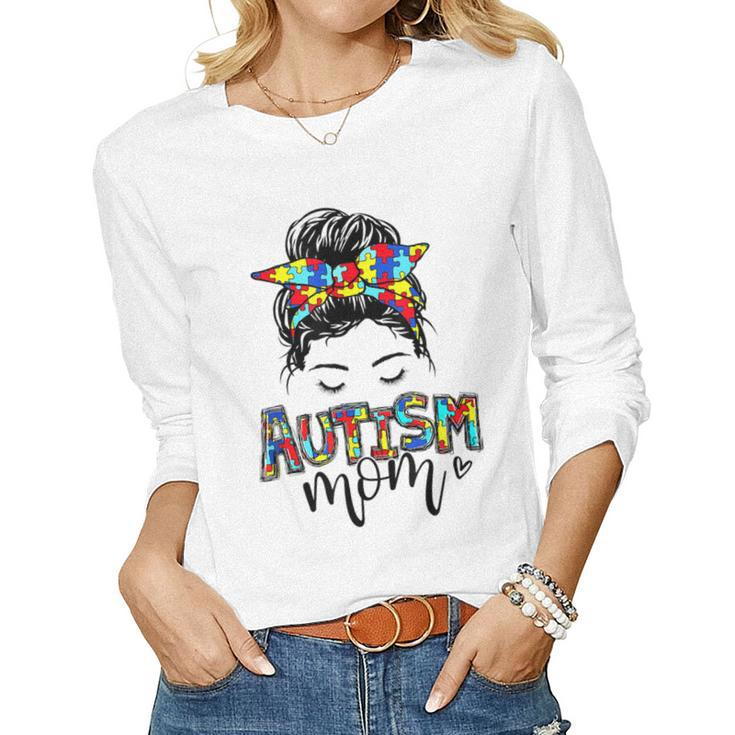 Autism Mom Awareness Messy Hair Bun Puzzle Piece Mother Girl  Women Graphic Long Sleeve T-shirt