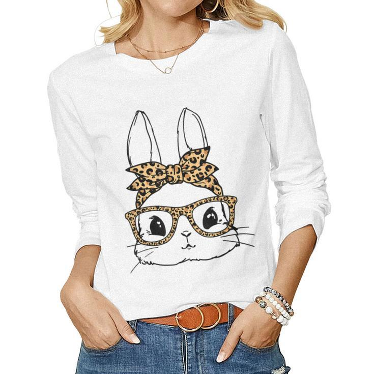 Women Bunny Face Leopard Glasses Headband Happy Easter Day Women Long Sleeve T-shirt
