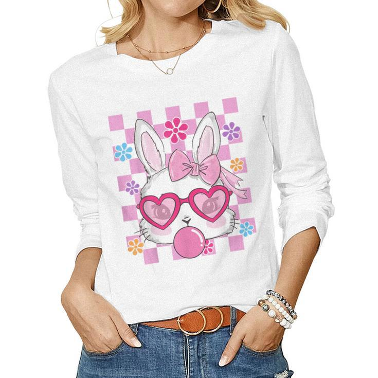 Bunny Outfit For Women Girls Kids Groovy Bunny Face Easter Women Long Sleeve T-shirt