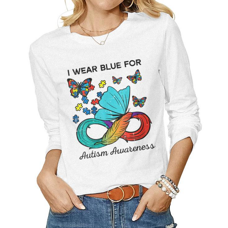 Womens Butterfly Ribbon I Wear Blue For Autism Awareness Puzzle Women Long Sleeve T-shirt