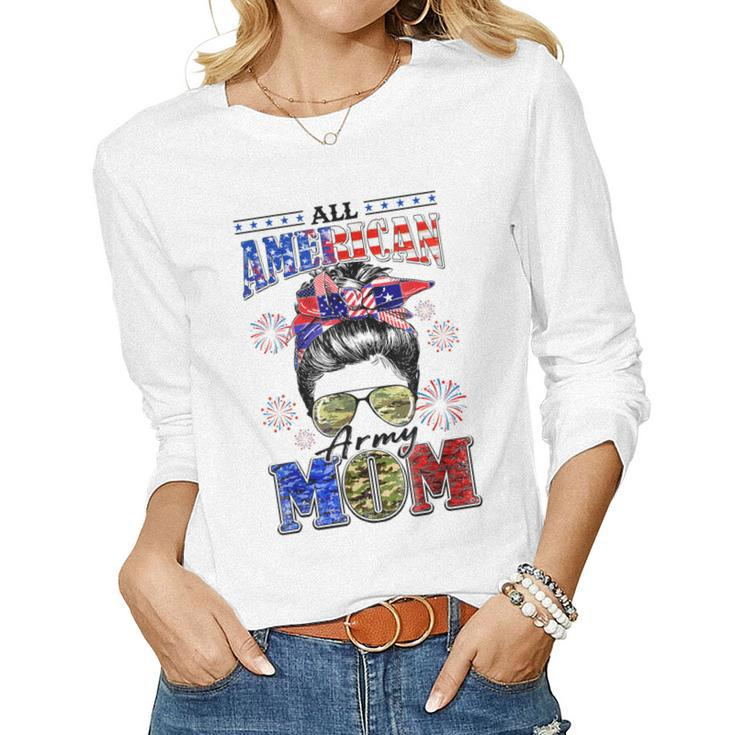 Camo All American Army Mom Messy Bun Happy 4Th Of July Women Long Sleeve T-shirt