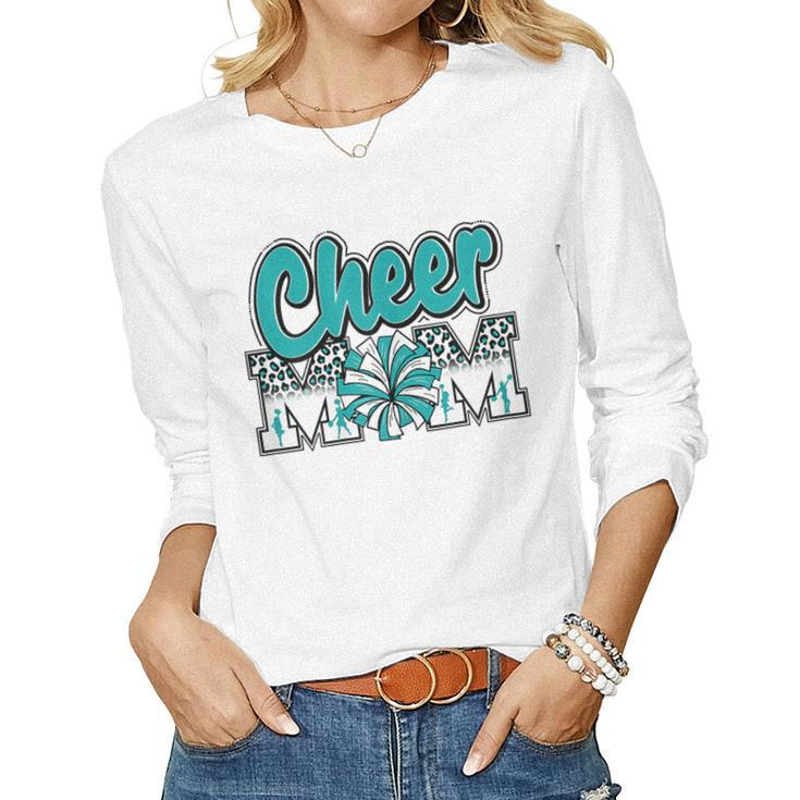Womens Cheer Mom Teal Leopard Letters Cheer Pom Poms Women Long Sleeve T-shirt