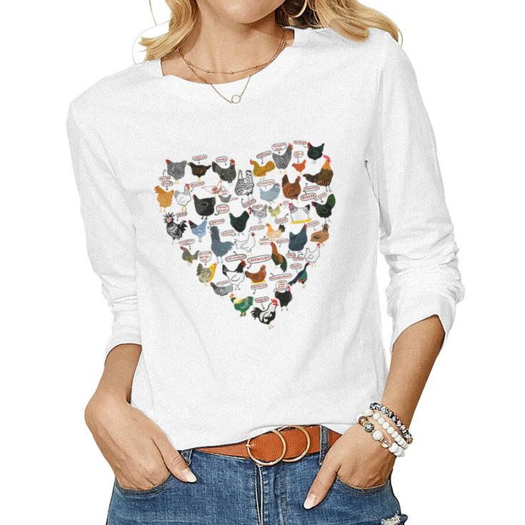 Chicken Heart Shape Country Farm Style Chicken Lover Women Long Sleeve T-shirt
