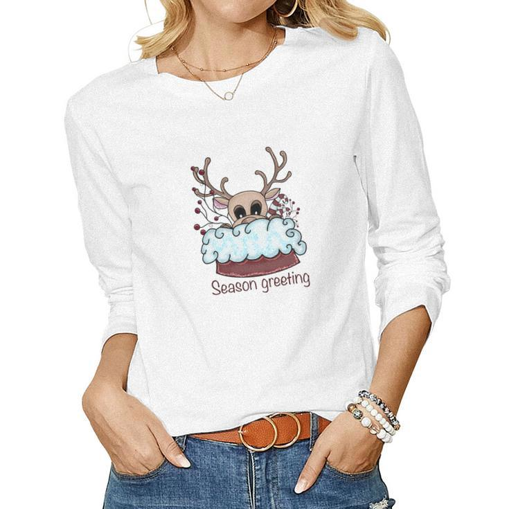 Christmas Cute Reindeer Season Greeting Women Graphic Long Sleeve T-shirt