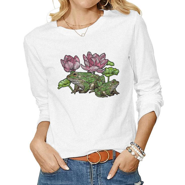 Cottagecore Aesthetic Embroidery Frogs Butterfly Frog Lover Women Long Sleeve T-shirt